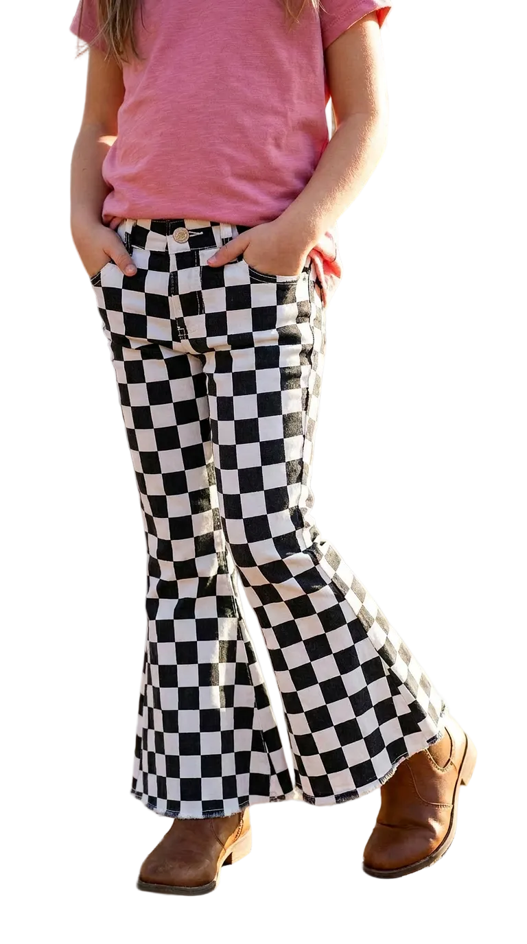 Girls Checkerboard Bell Bottom Jeans, Black White Denim Flare Pants, Boutique Western Jeans