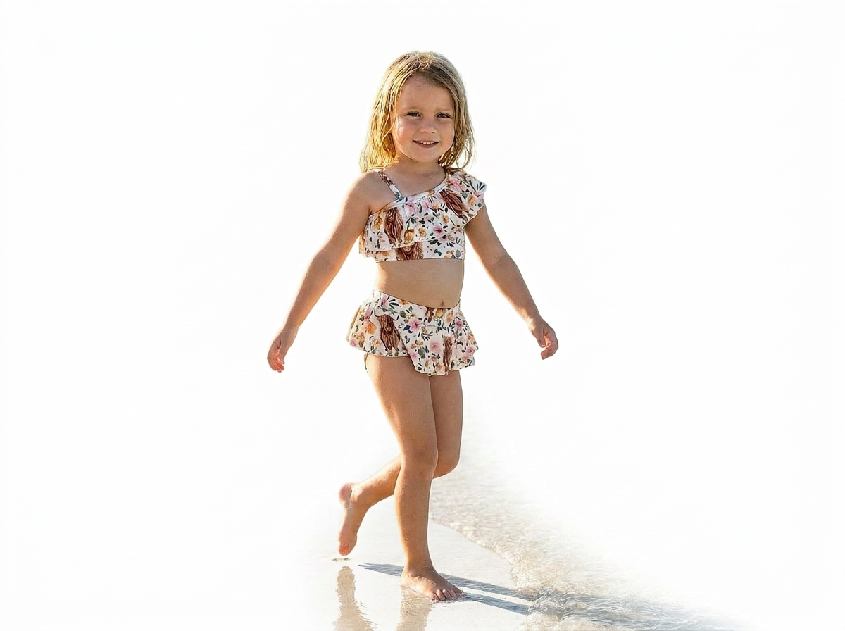 GIRL ON WHITE BACKGROUND WEARING COTTISH HIGHLANDER cow print AND FLORAL PRINT SKIRTED TANKINI swimsuit
