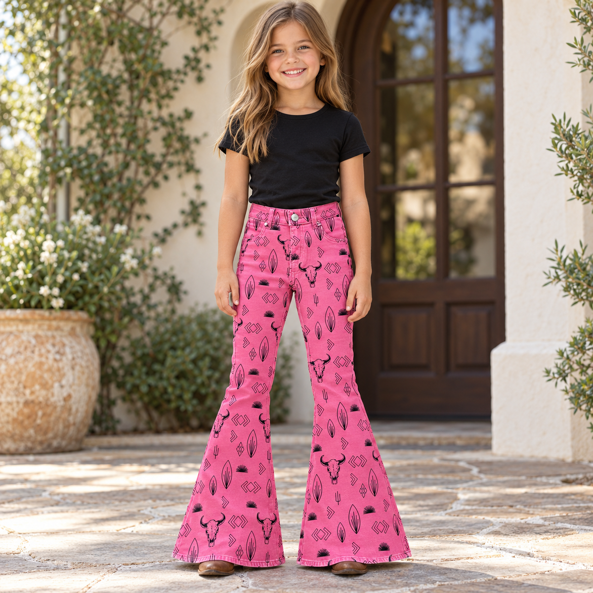 GIRL STANDING OUTDOORS IN FRONT OF DOOR WEARING BLACK TSHIRT AND RAZELS GIRLS HOTPINK COWGIRL JEANS