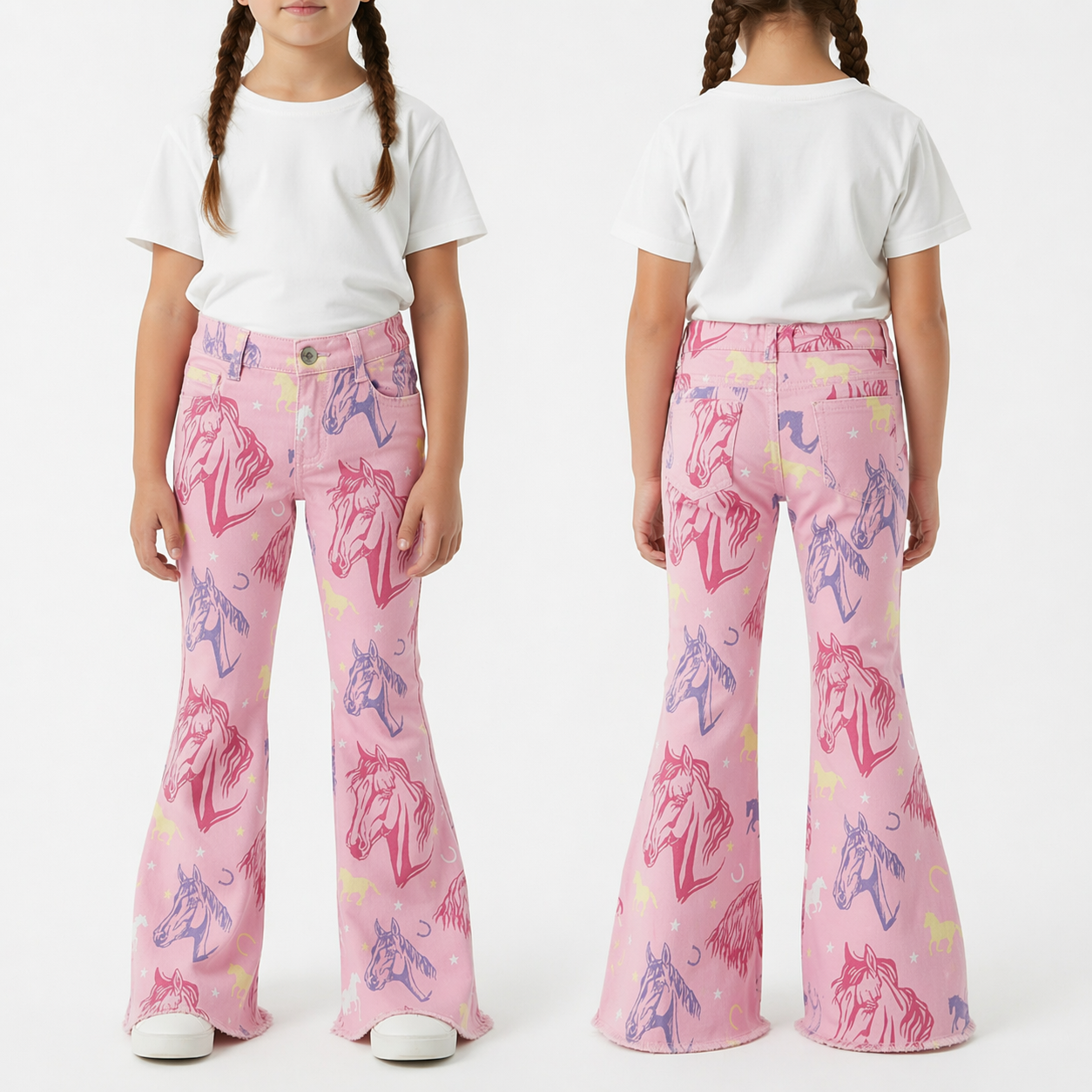 Child wearing pink flared pants with horse prints from front and back on a white background