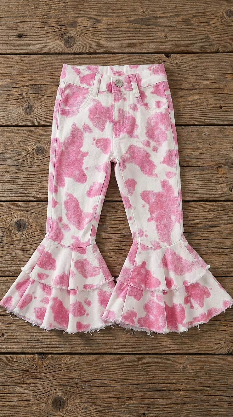 Pink and white tie-dye cow print flare jeans for kids, featuring a ruffled hem and frayed edges, laid flat on a rustic wooden plank background.