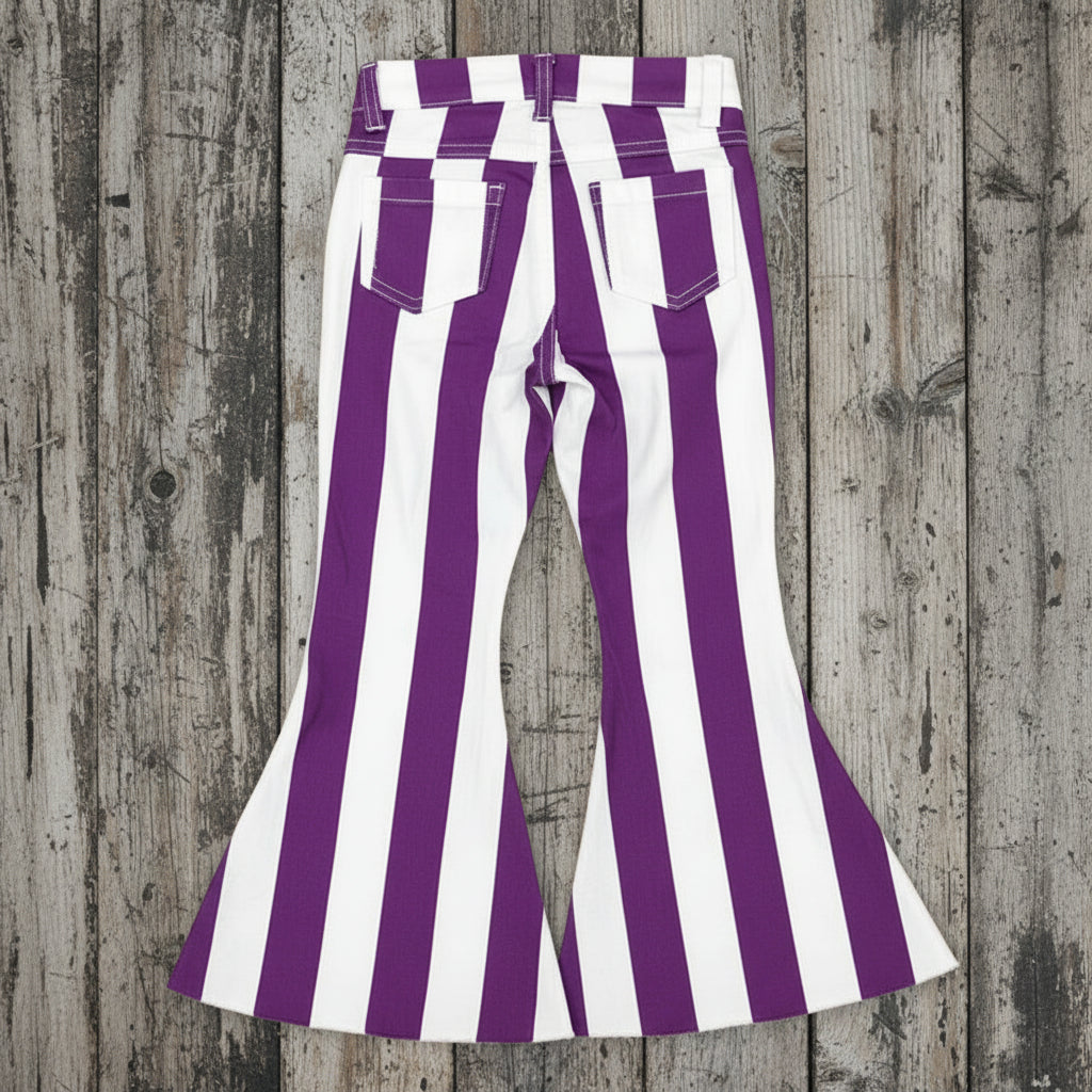 GIRLS PURPLE AND WHITE STRIPED JEANS, ADJUSTABLE WAIST, BELL BOTTOMS