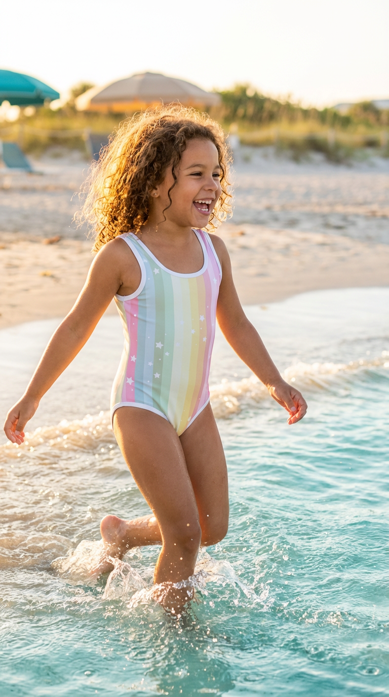 Child in a colorful RAINBOW AND STARS ONE PIECE swimsuit playing in shallow water at the beach.