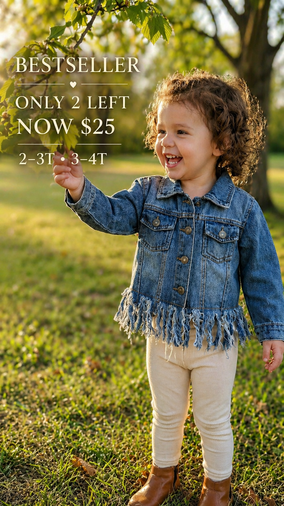 HAPPY TODDLER STANDING OUTSIDE WEARING TODDLER JEAN JACKET WITH FRAYED HEM
