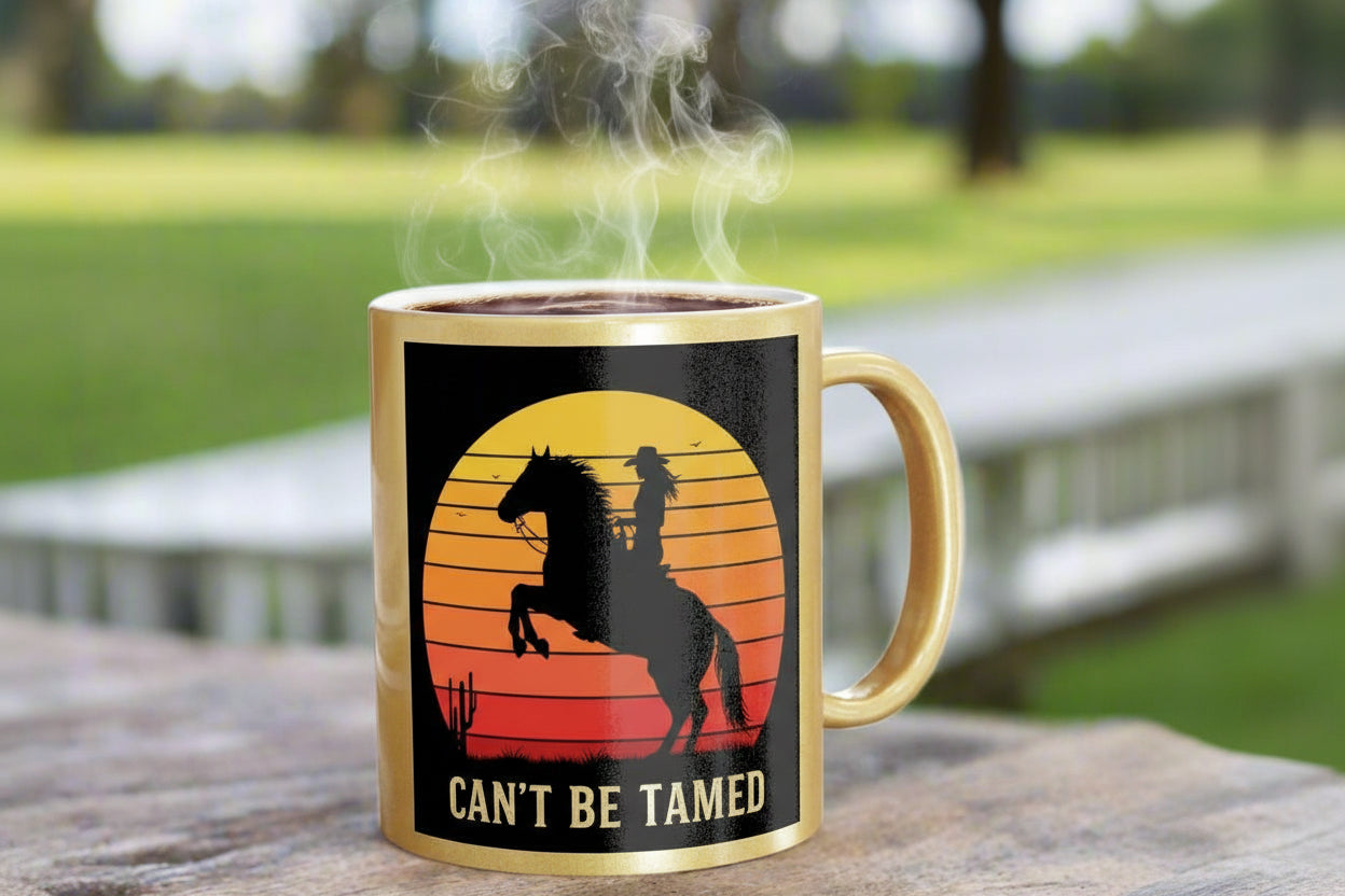 Mug with a horse and cowboy design and 'Can't Be Tamed' text on a wooden surface with a blurred outdoor background.