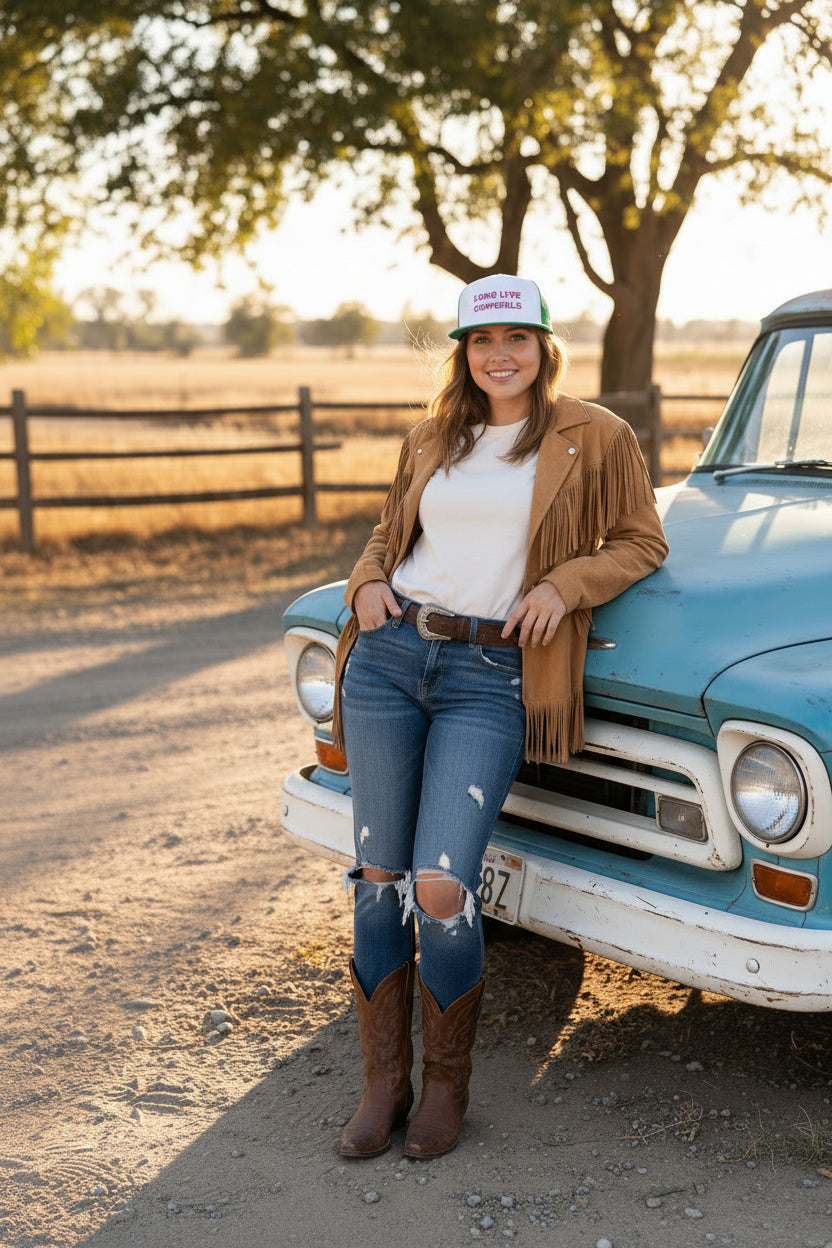 Long Live Cowgirls Trucker Hat - 5 Panel Western Cap, Retro Snapback for Rodeo & Country Concert Summer Outfit -Razels