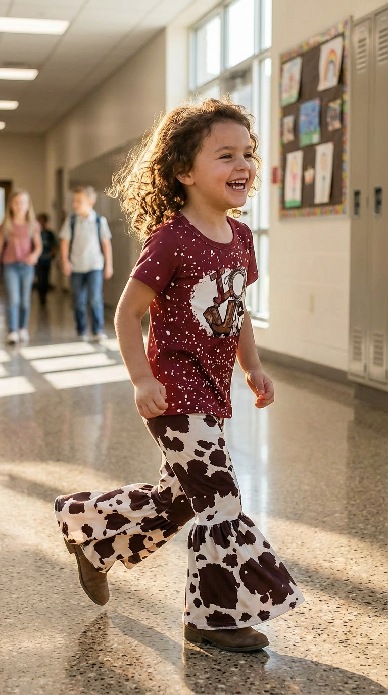 Child in a school hallway wearing a red shirt with a LOVE graphic and cow print FLARE pants.