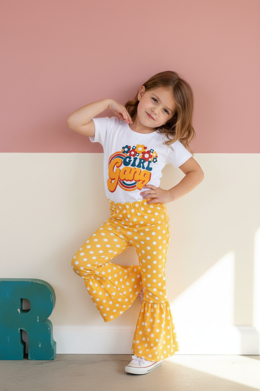 Girl Gang Shirt and Yellow Polka Dot Bell Bottom Outfit – Retro Floral Vibes for Girls!
