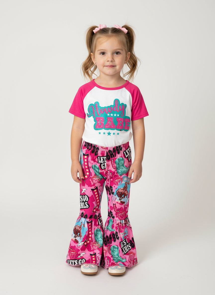 Girls’ Bell Bottom Outfit | HOWDY BABE Cowgirl Flares Pink & Turquoise Let’s Go Girls Set Toddler Western Clothes -Razels
