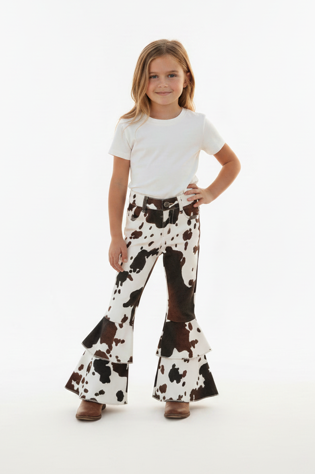 Girls Cowprint Bell Bottom Jeans | Western Cowgirl Cowhide Pants