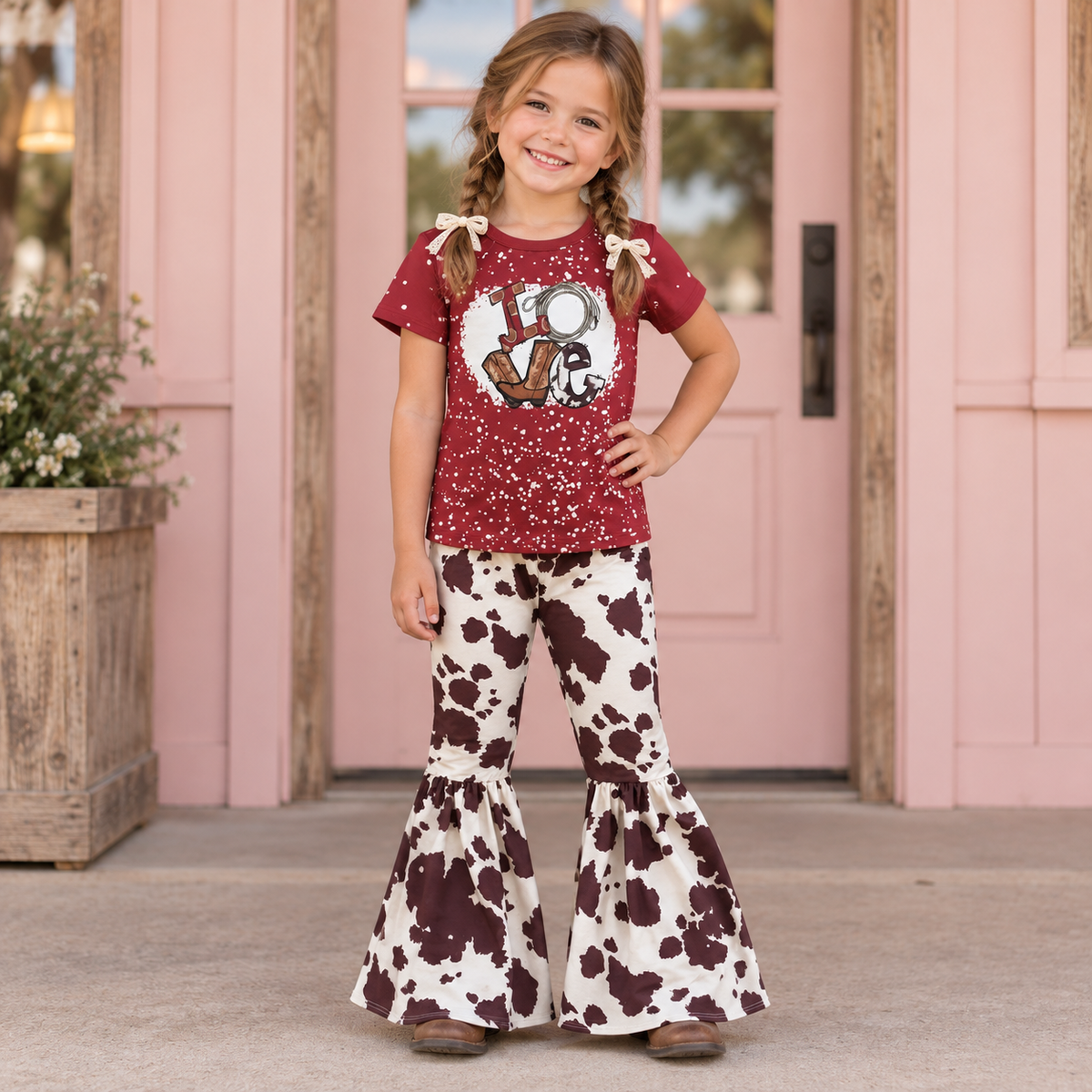 GIRL STANDING IN FRONT OF PINK HOUSE WEARING Girls Cowprint Bell Bottom Outfit, Western Cowgirl Outfit, Cowhide Flare Pants Set