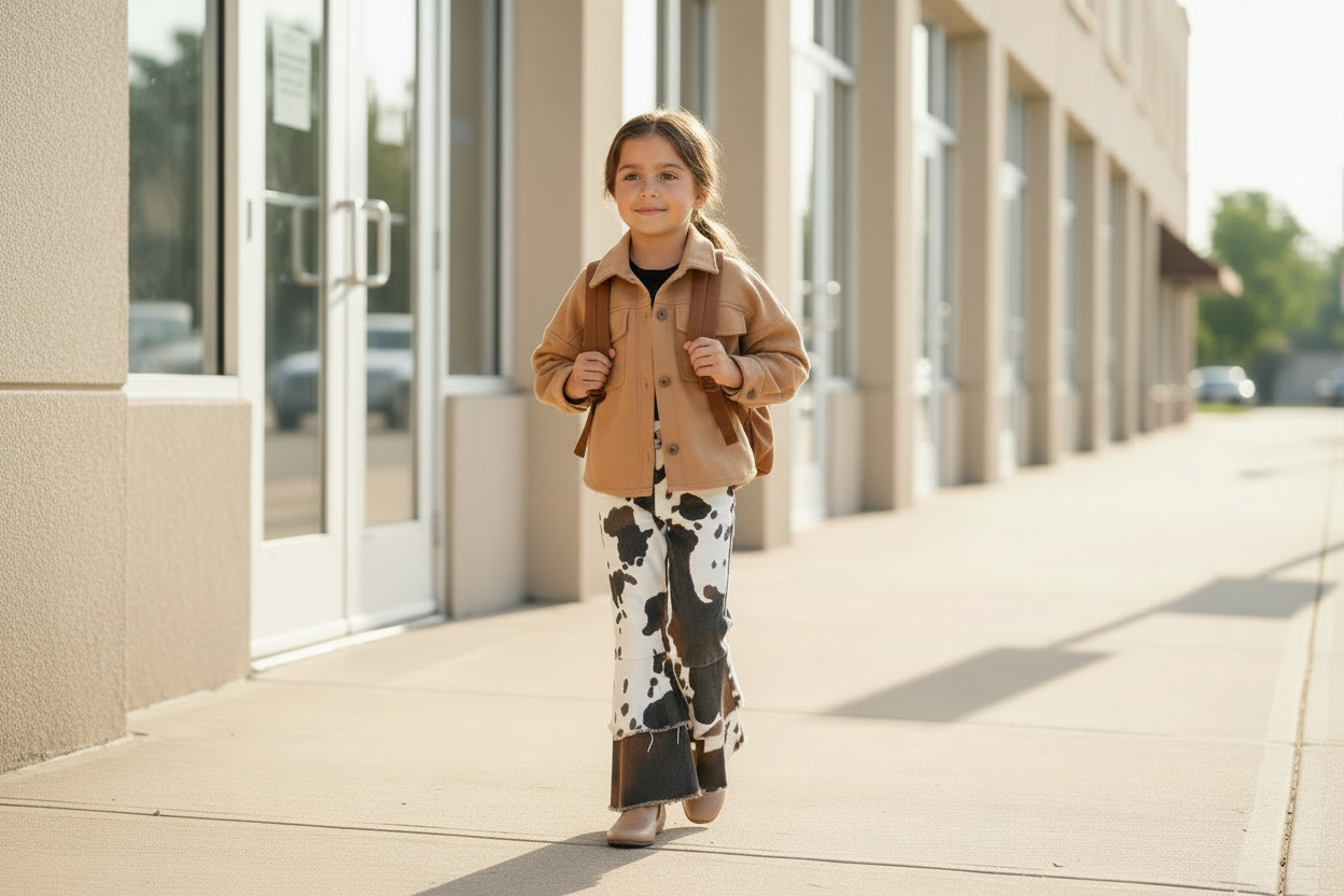 Girls Cowprint Bell Bottom Jeans | Western Kids Flare Pants