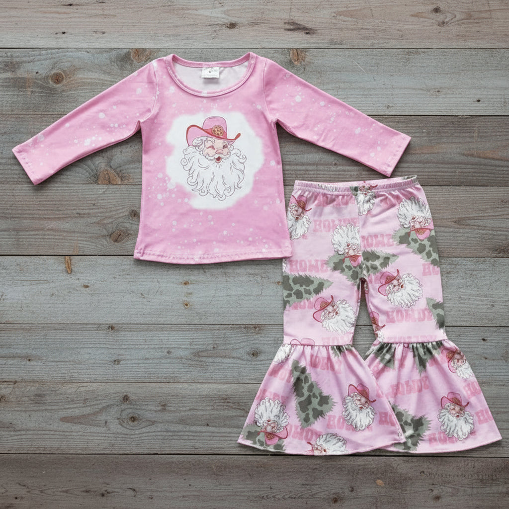 Girls Pink Cowgirl Santa Outfit – Western Christmas Bell Bottom Set | Boutique Holiday Outfit | Sizes 6–12 Months to 7/8