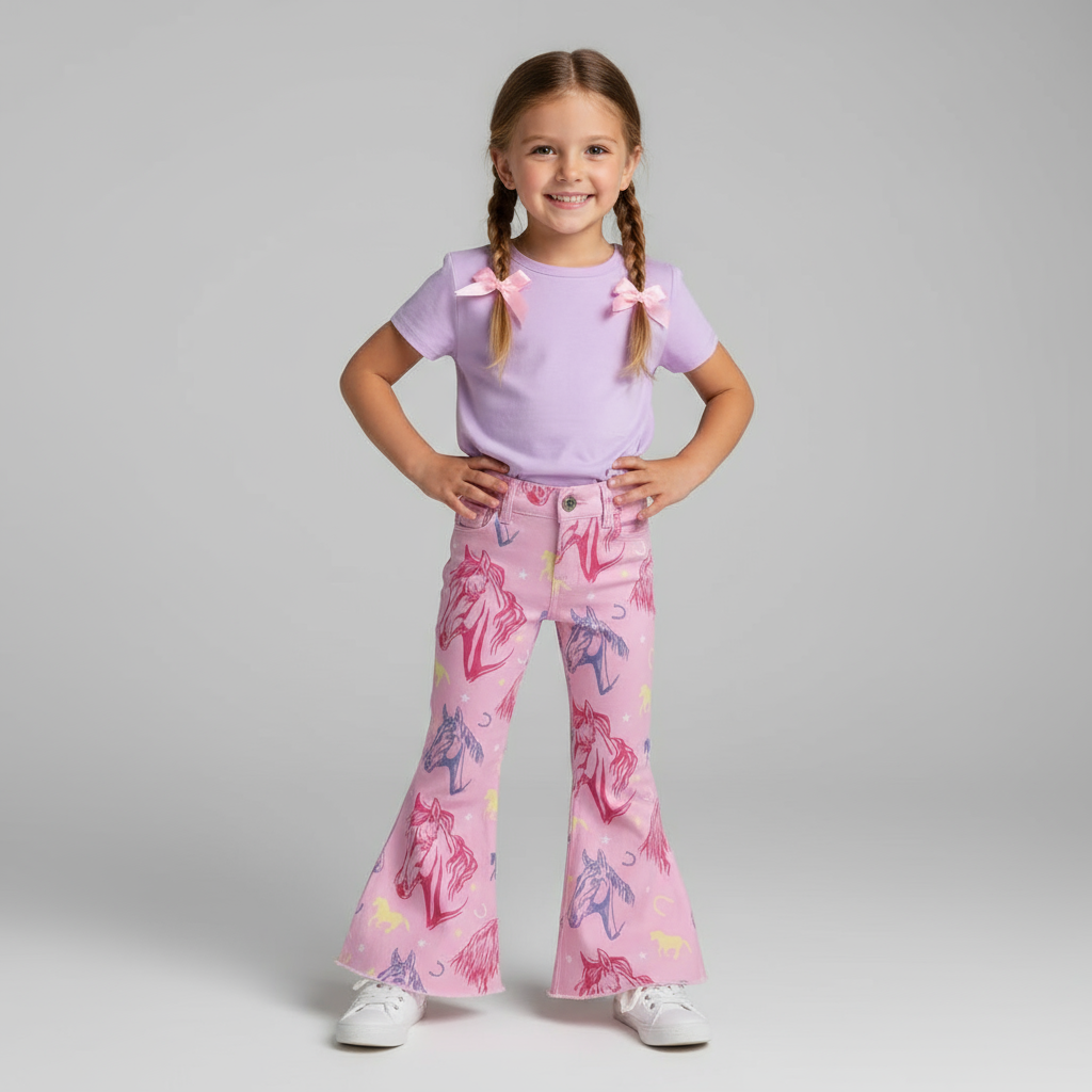 Girls Pink Horse Print Bell Bottom Jeans – Western Cowgirl Jeans for Kids – Stretchy Boutique Denim – Toddler & Youth Sizes – Razels