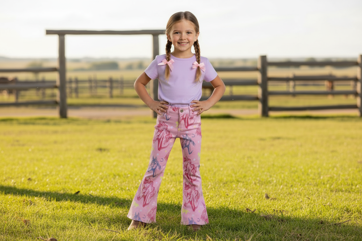 Girls Pink Horse Print Bell Bottom Jeans – Western Cowgirl Jeans for Kids – Stretchy Boutique Denim – Toddler & Youth Sizes – Razels
