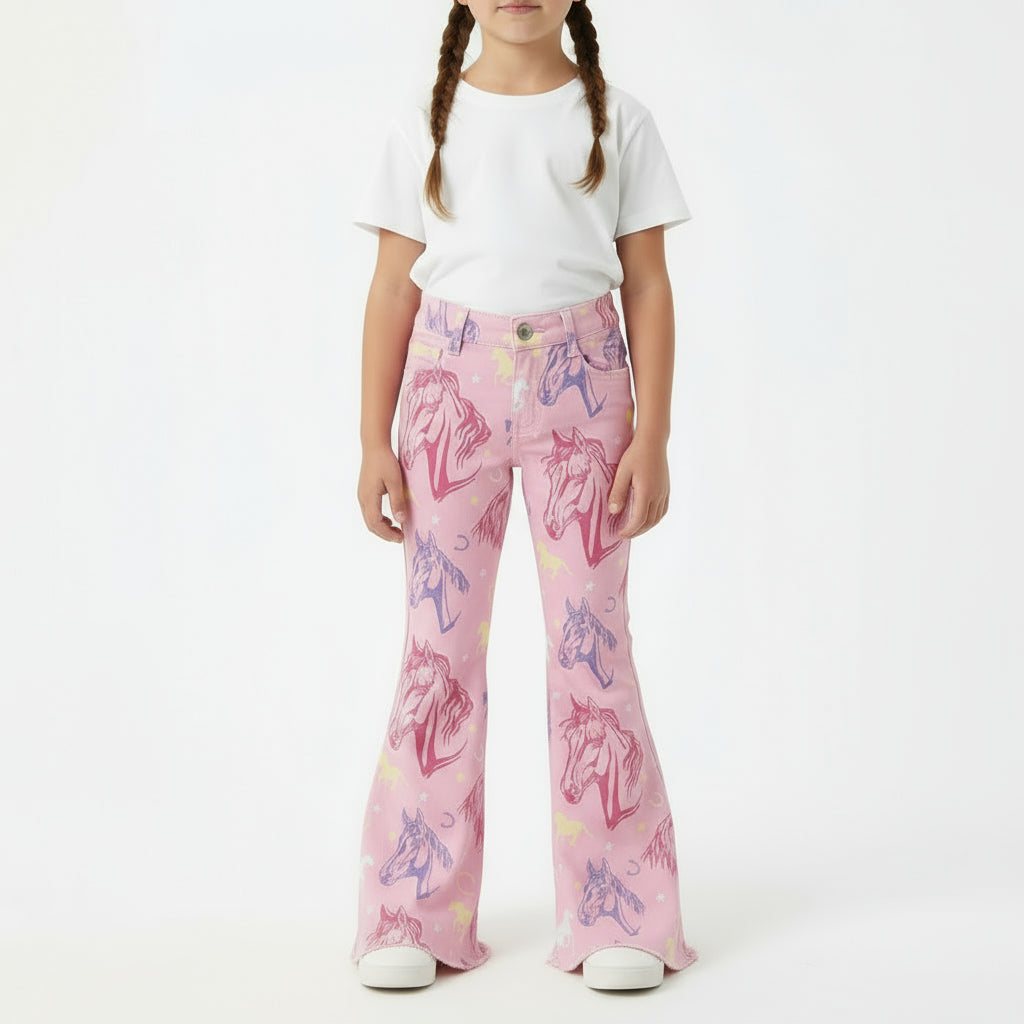 Girls Pink Horse Print Bell Bottom Jeans – Western Cowgirl Jeans for Kids – Stretchy Boutique Denim – Toddler & Youth Sizes – Razels
