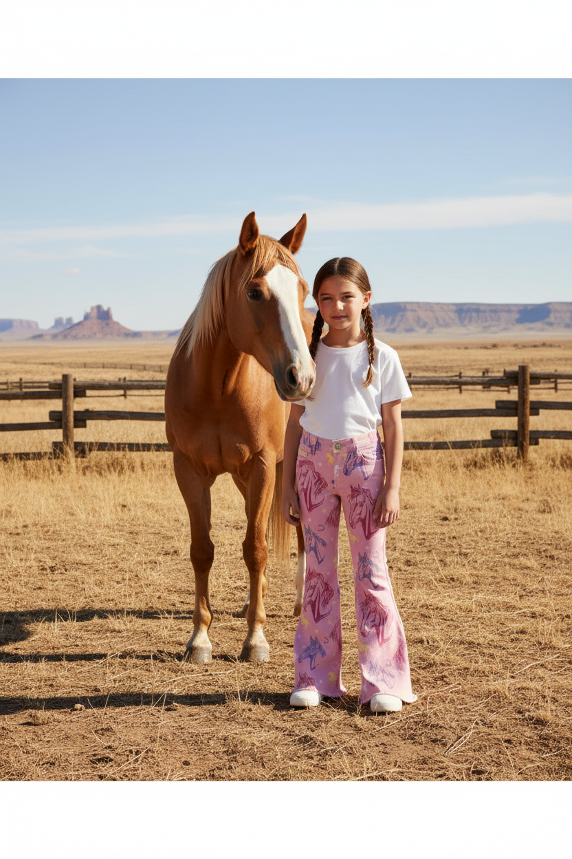 Girl standing next to a horse in a field with a wooden fence and desert landscape in the background