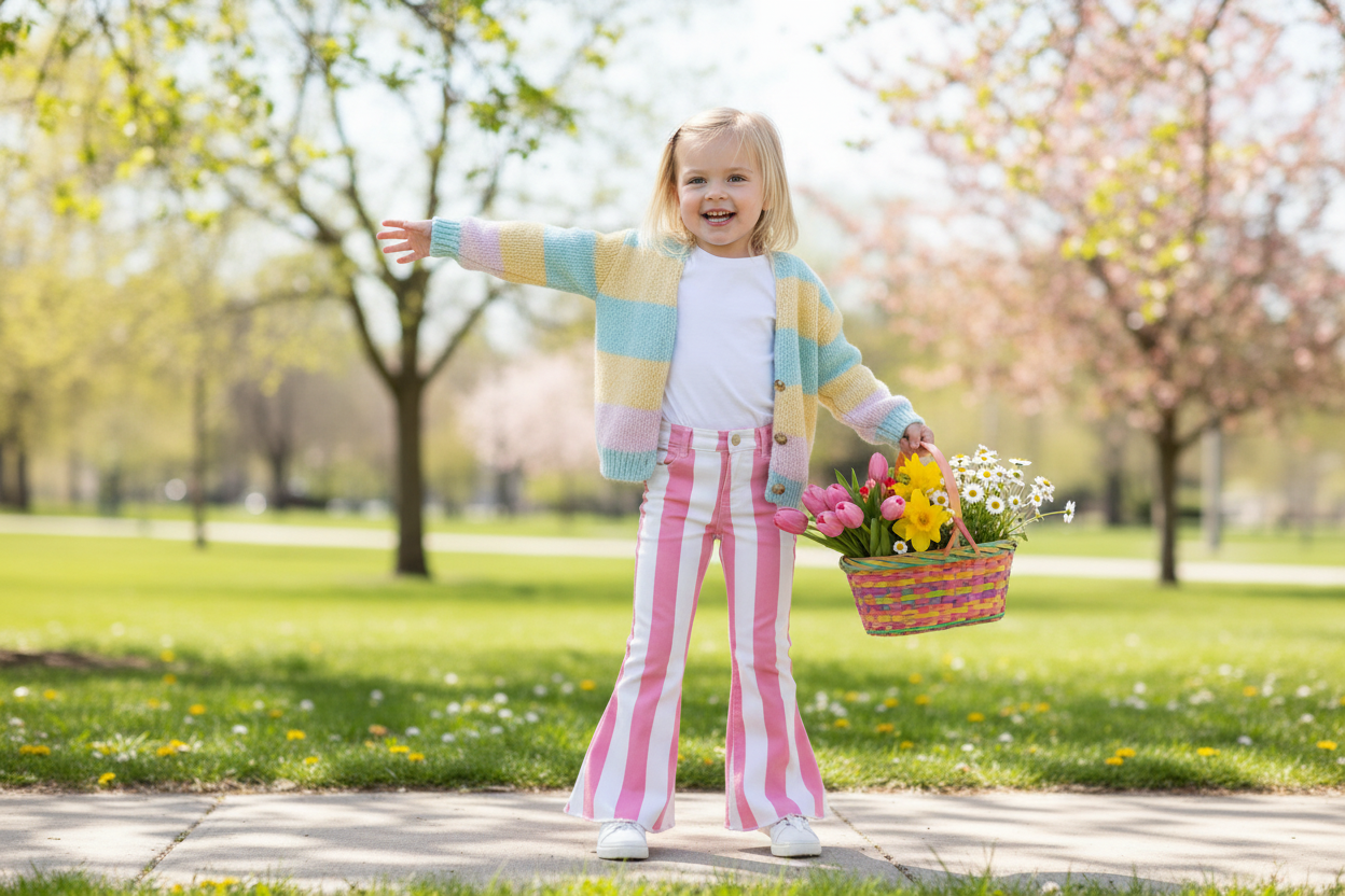 toddler girl wearing Girls Pink & White Striped Bell Bottom Jeans and sweater holding a flower basket outside in the spring