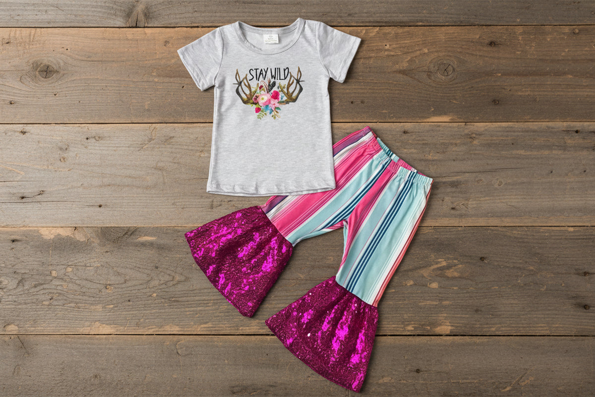 Girls Stay Wild Outfit, Serape Sequin Bell Bottom Set, Western Cowgirl Clothes AGAINST BARNWOOD