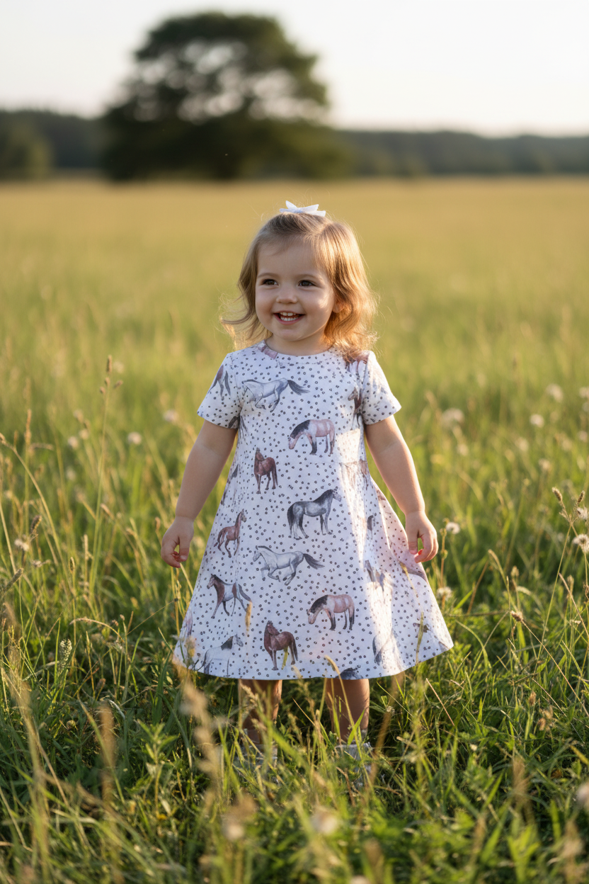 Young girl in a dress with horse print and polka dot tshirt dress standing in a field