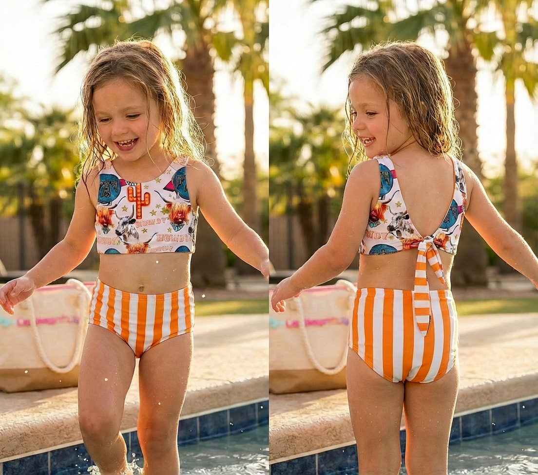 Highland Cow Reversible Tankini • Western High Waisted Swimsuit for Girls