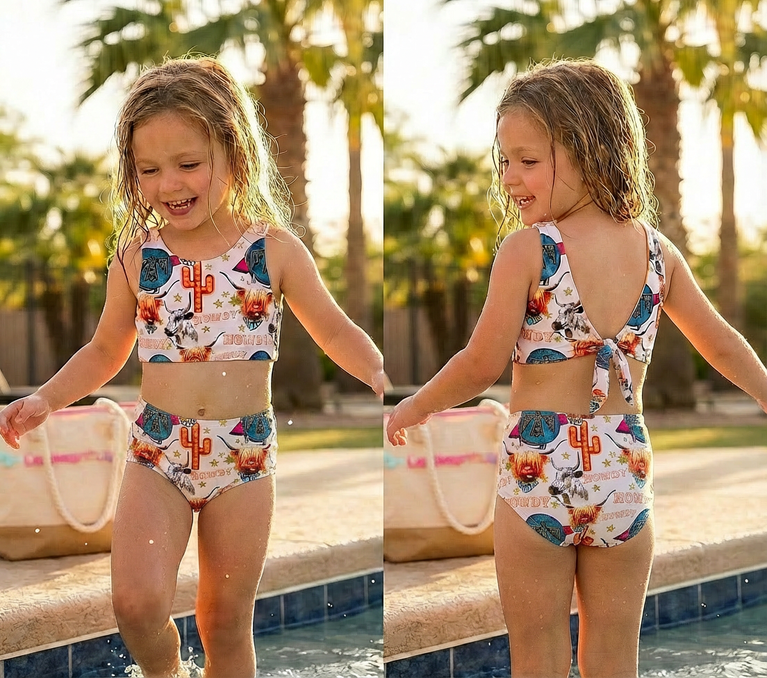 Highland Cow Reversible Tankini • Western High Waisted Swimsuit for Girls