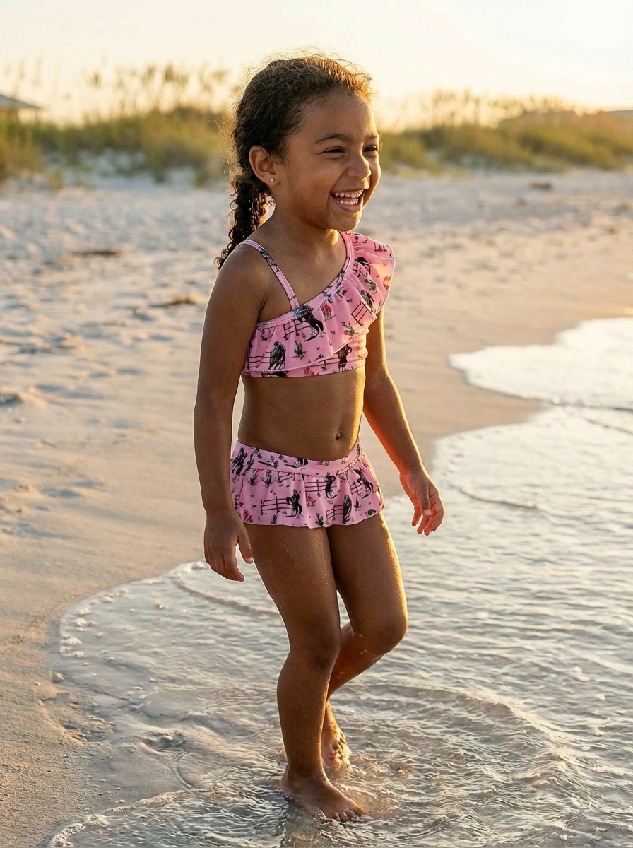Girls Pink Cowgirl Swimsuit | Retro Western Ruffle Tankini