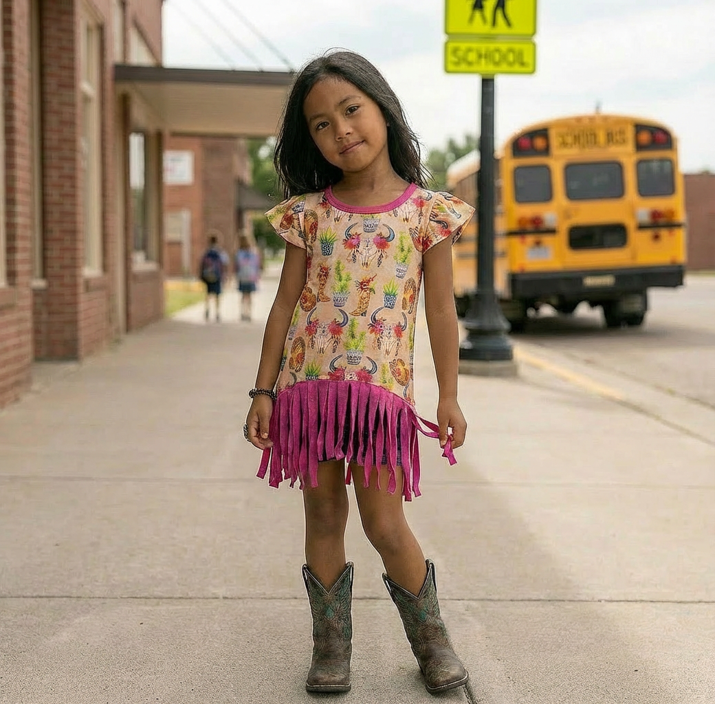Girls Cowgirl Fringe Dress | Western Tunic Dress with Pink Fringe