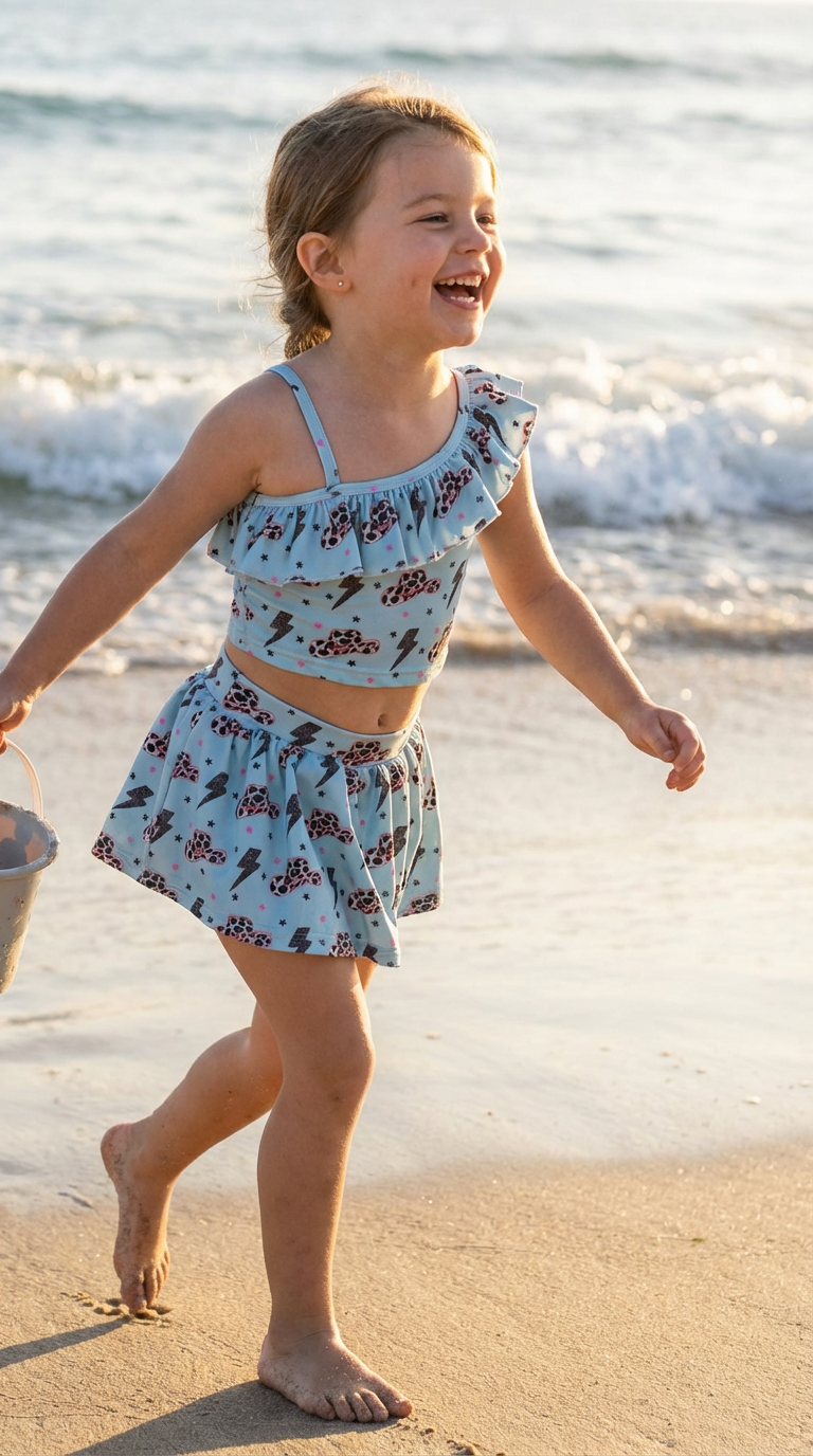 Girls Western Tankini Swimsuit, Skirted Cowgirl Swim Set, Leopard Cowboy Hat Swimsuit