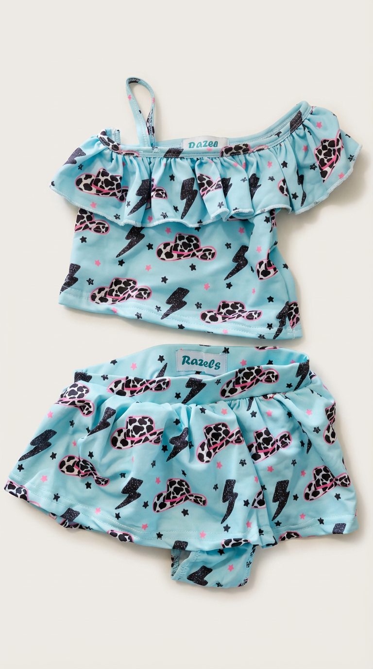 Girls Western Tankini Swimsuit, Skirted Cowgirl Swim Set, Leopard Cowboy Hat Swimsuit