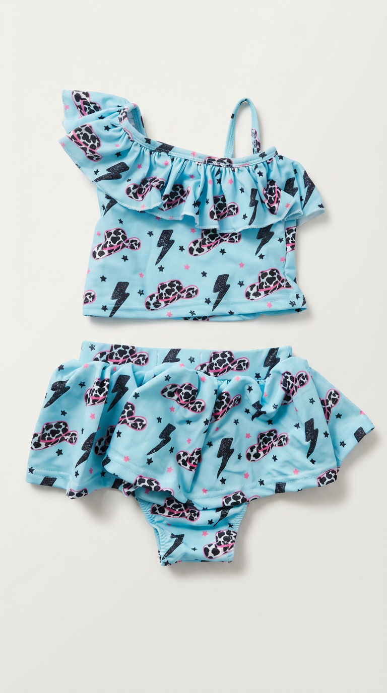 Girls Western Tankini Swimsuit, Skirted Cowgirl Swim Set, Leopard Cowboy Hat Swimsuit