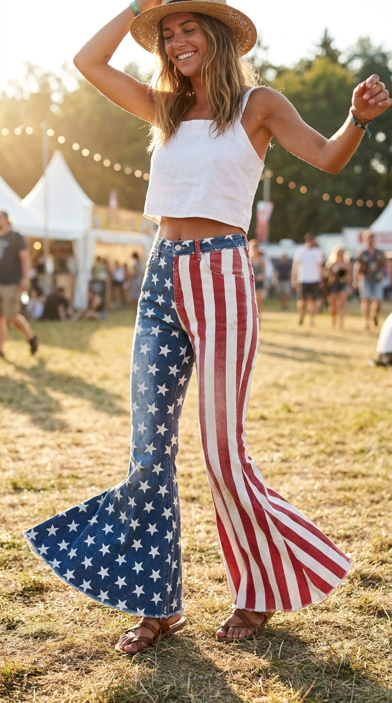 Women’s 4th of July Bell Bottom Jeans American USA Flag USA Festival Pants