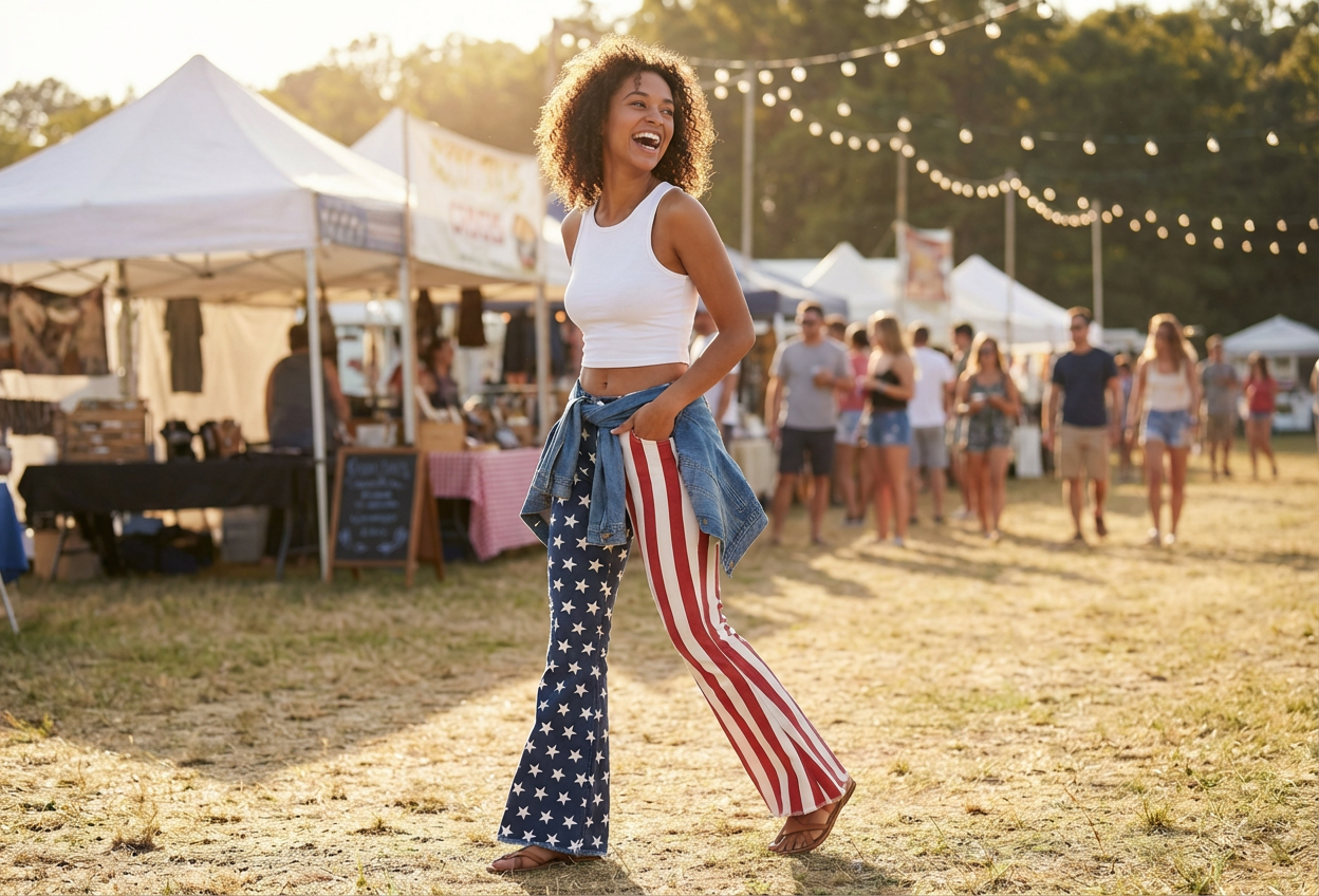 Women’s 4th of July Bell Bottom Jeans American USA Flag USA Festival Pants