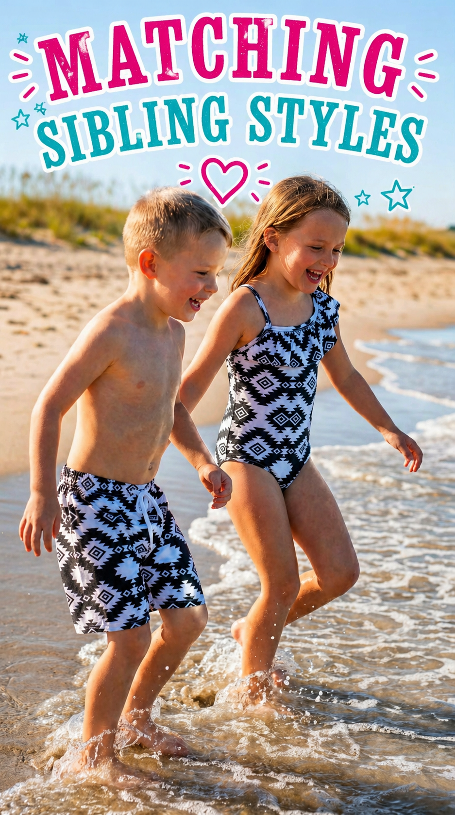 Matching Kids Swimsuits, Western Black and White Aztec Swimsuits
