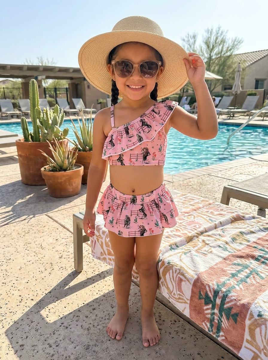 Girls Pink Western Skirted Swimsuit – Bronc Cowgirl Ruffle Tankini Set