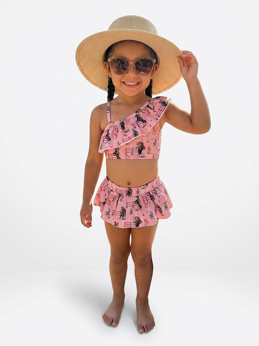 Girls Pink Western Skirted Swimsuit – Bronc Cowgirl Ruffle Tankini Set