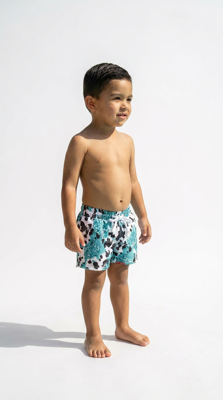 Boys Cow Print Swim Trunks • Turquoise Western Cowhide Shorts
