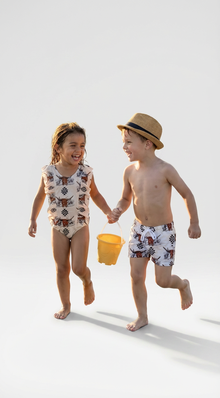 Longhorn Western Swimsuits for Kids | Boys Western Swim Trunks | Girls Western One-Piece