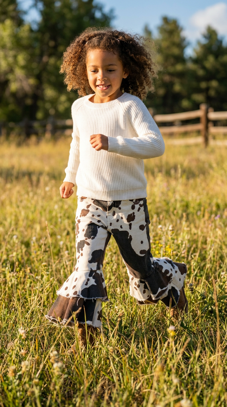 Girls Cowprint Bell Bottom Jeans | Western Cowgirl Cowhide Pants