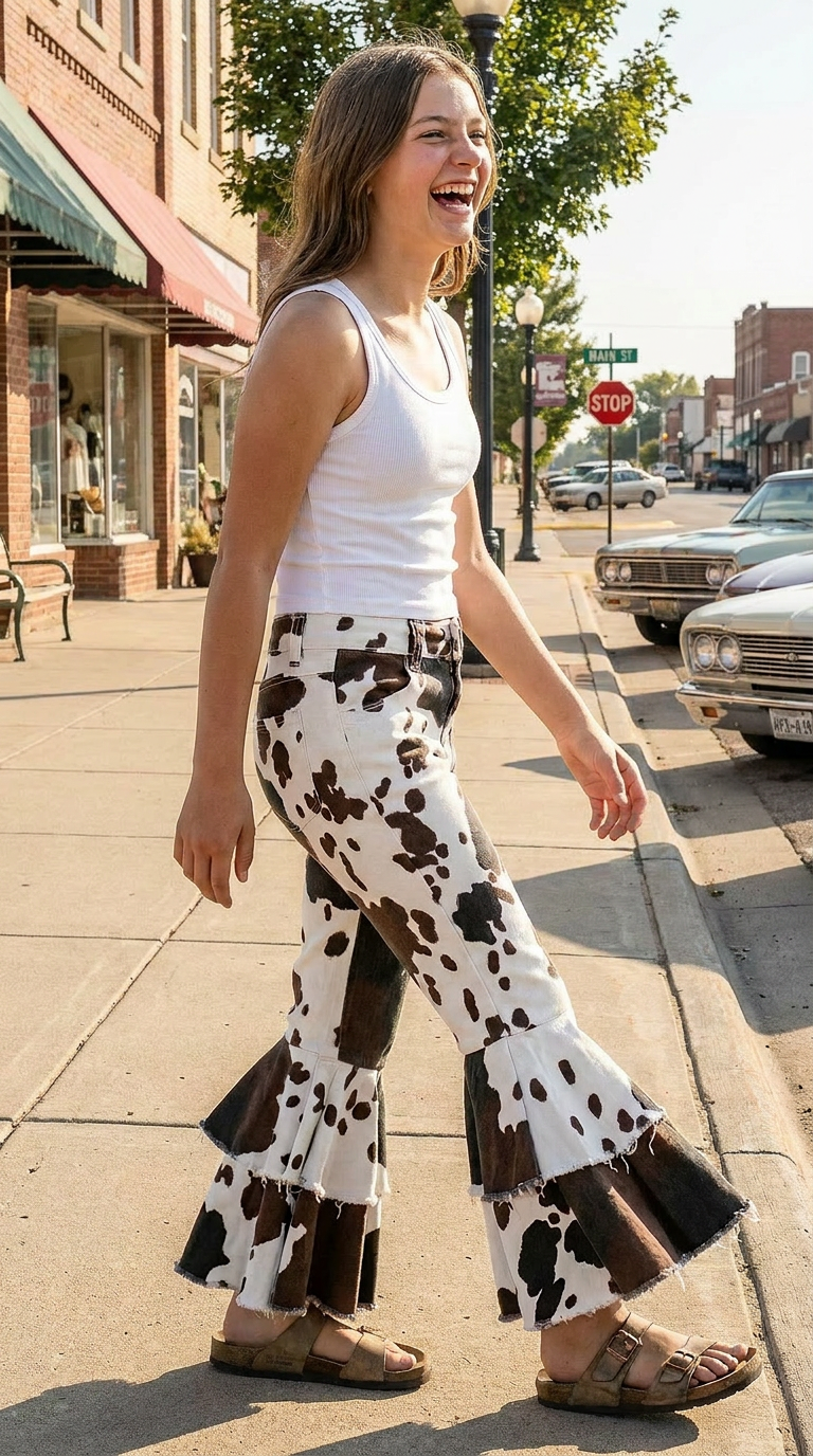 Girls Cowprint Bell Bottom Jeans | Western Cowgirl Pants