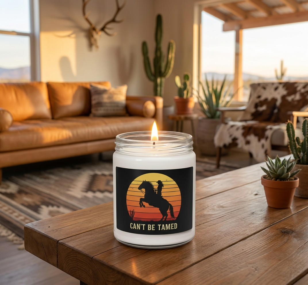 Can't Be Tamed Cowgirl Candle, Western Home Decor, Gift for Horse Lovers, 9oz Soy Candle, Cowgirl on Rearing Horse, Scented Candle