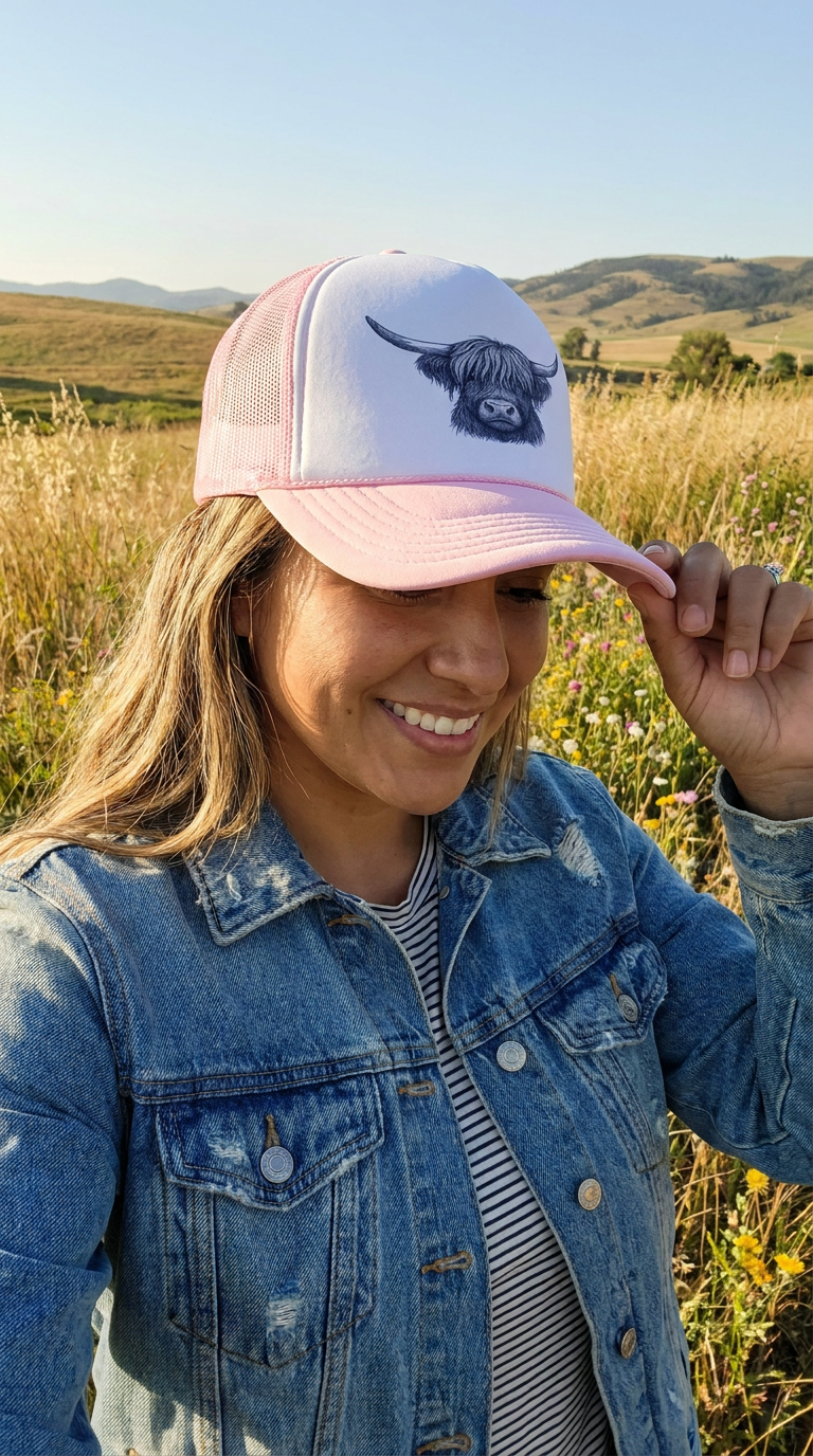 Embroidered Highland Cow Trucker Hat: Western Farm Animal Cap