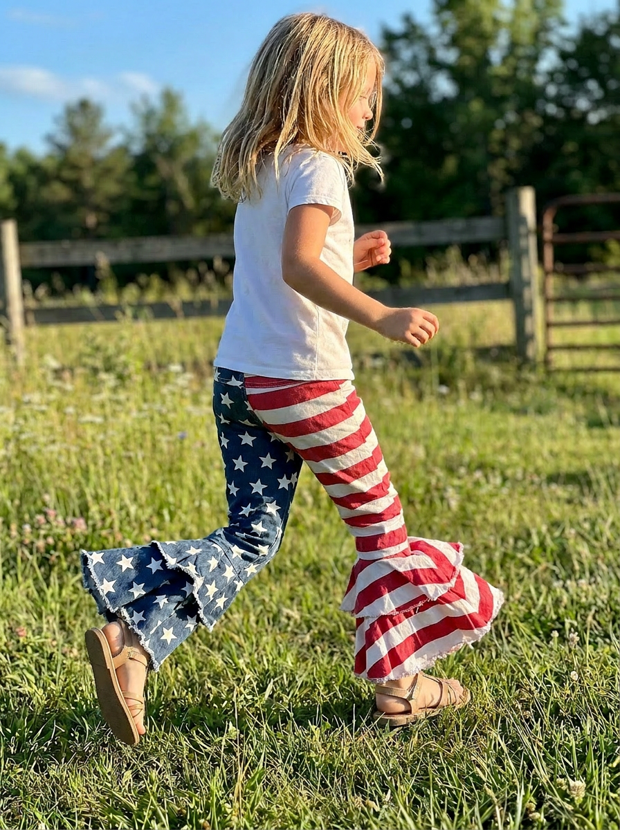 Girls 4th of July Bell Bottom Jeans | American Flag USA Star Stripe Pants | Patriotic Clothing