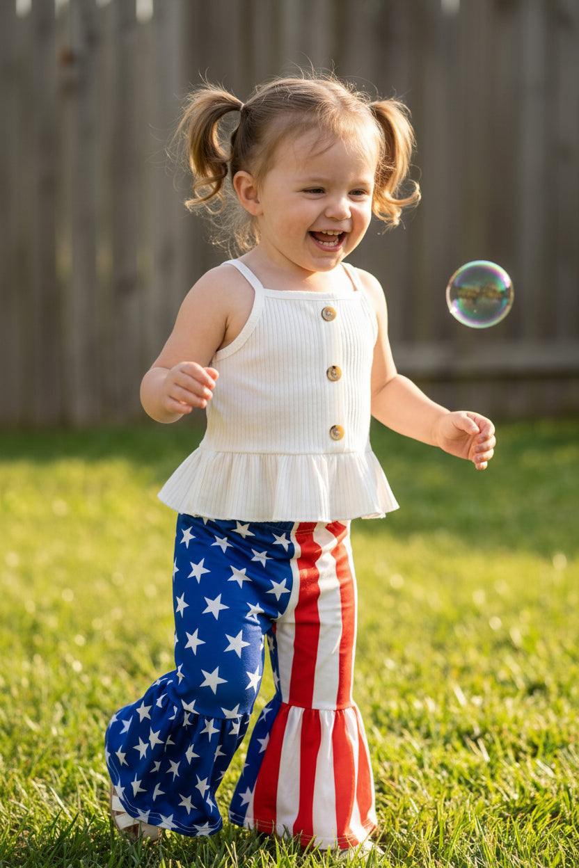Toddler Girls 4th of July Bell Bottom Outfit, American Flag Bell Bottoms, Patriotic Girls Outfit, Red White Blue Outfit