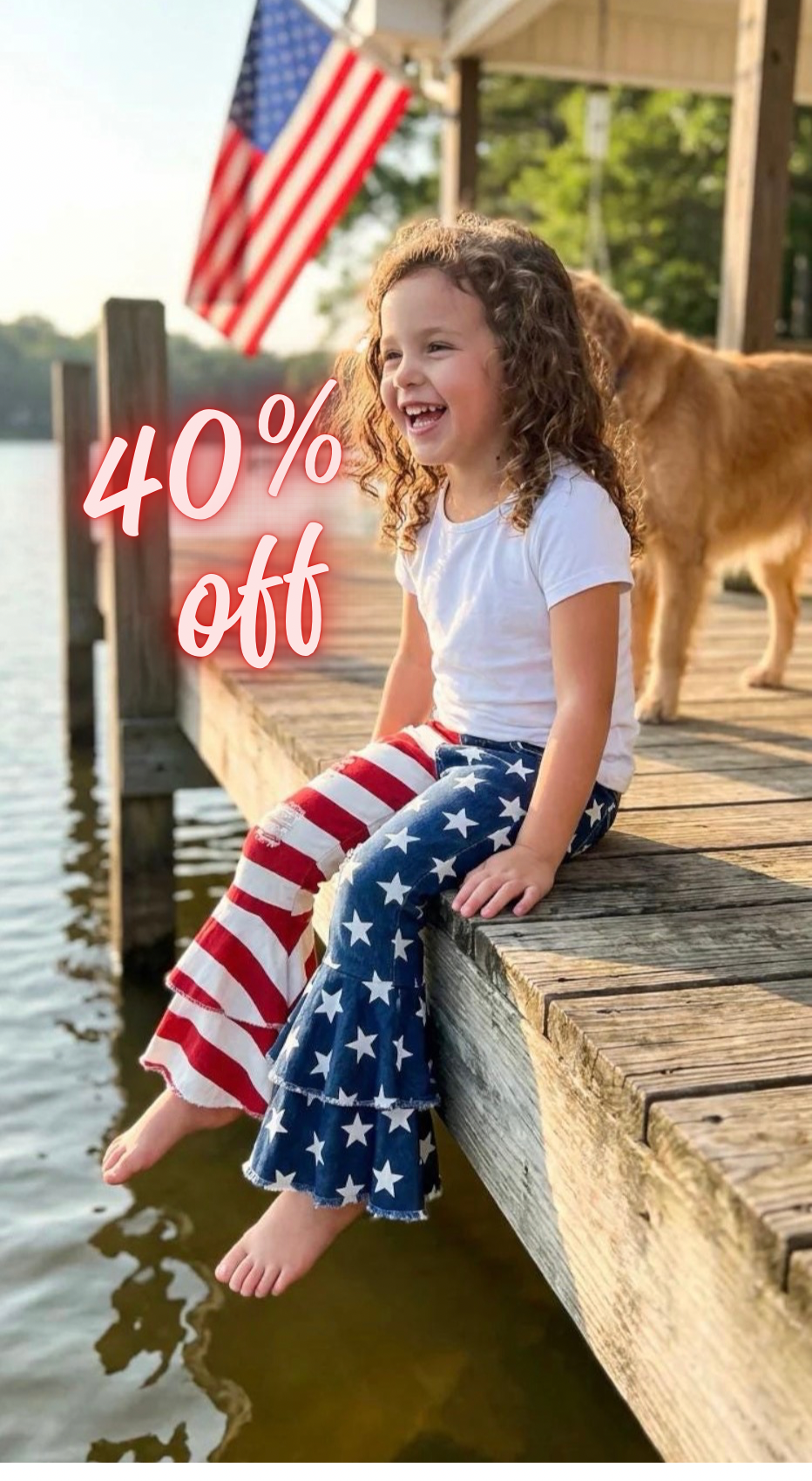 Girls 4th of July Bell Bottom Jeans | American Flag USA Star Stripe Pants | Patriotic Clothing