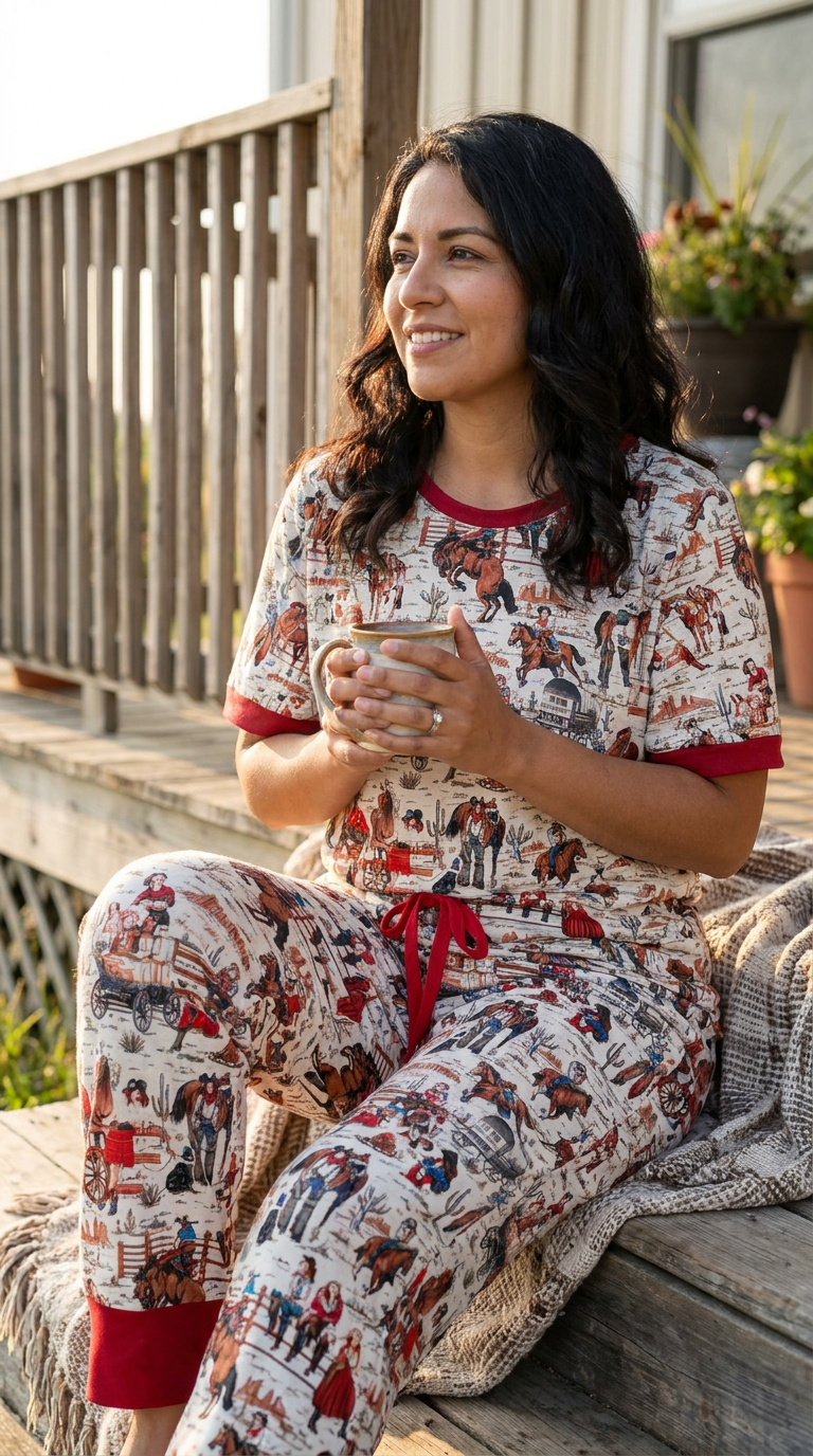 Womens Retro Cowgirl Pajamas, Western Rodeo Lounge Set, Matching Family PJs