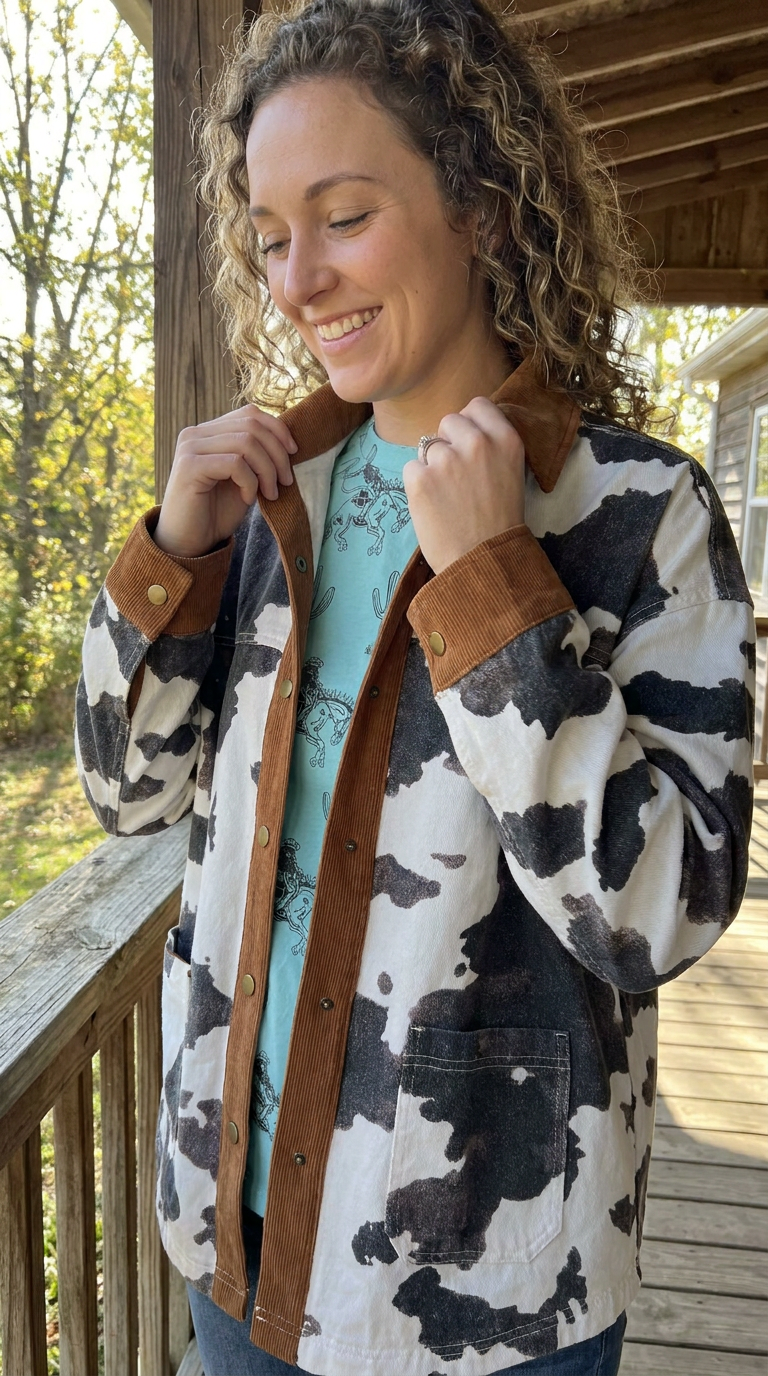 Womens Cow Print Shacket, Corduroy Trim Western Shirt Jacket, Lightweight Cowgirl Layer