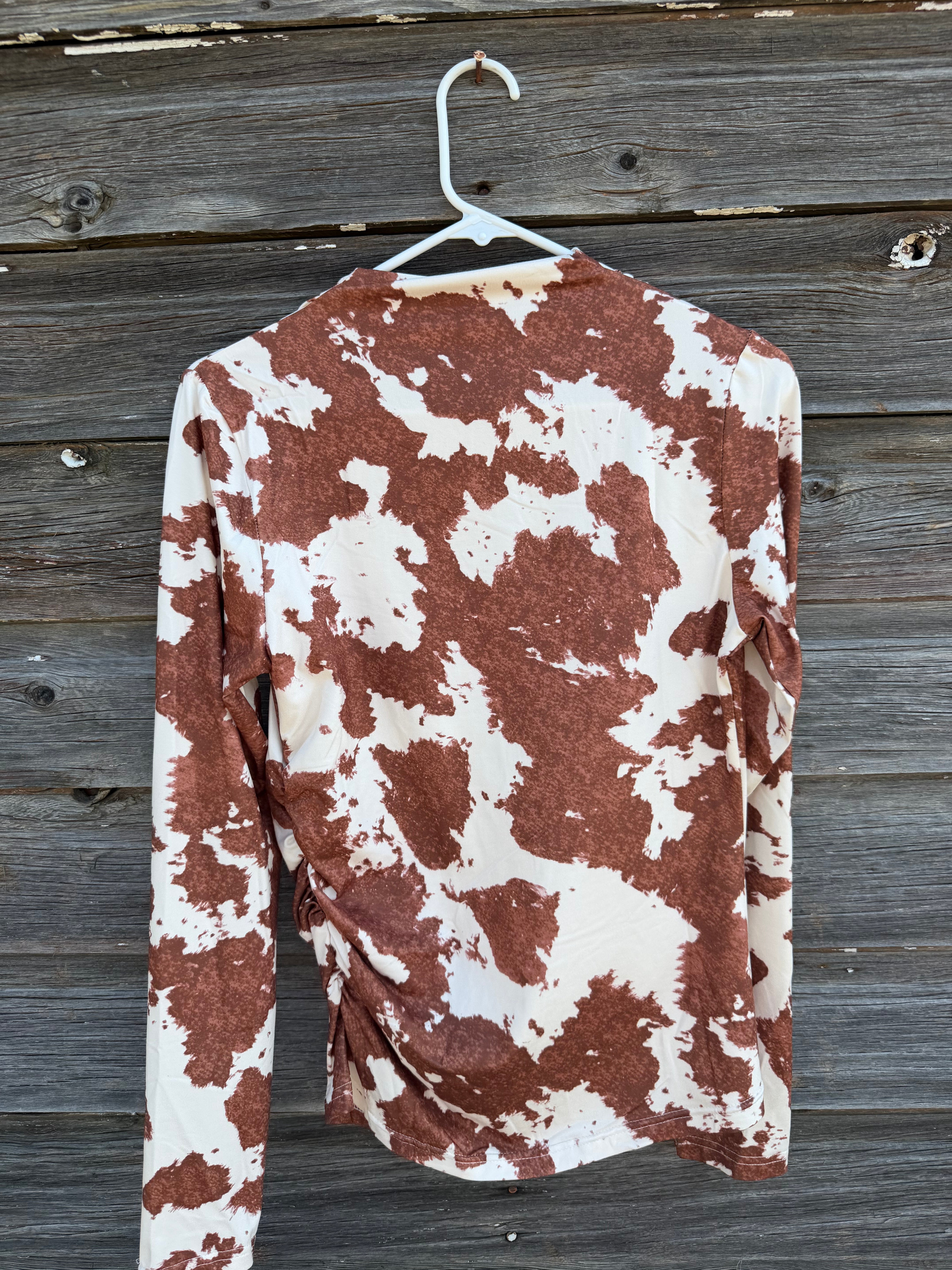 Womens Brown Cow Print Mock Neck Top, Western Long Sleeve Shirt