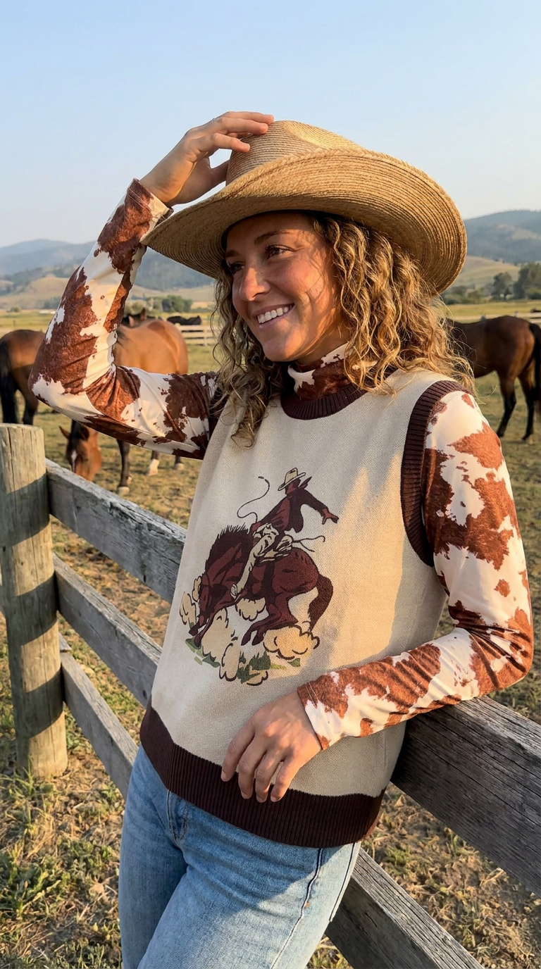 Women’s Western Sweater Vest, Bronc Rider Cowboy Vest, Rodeo Knit Top