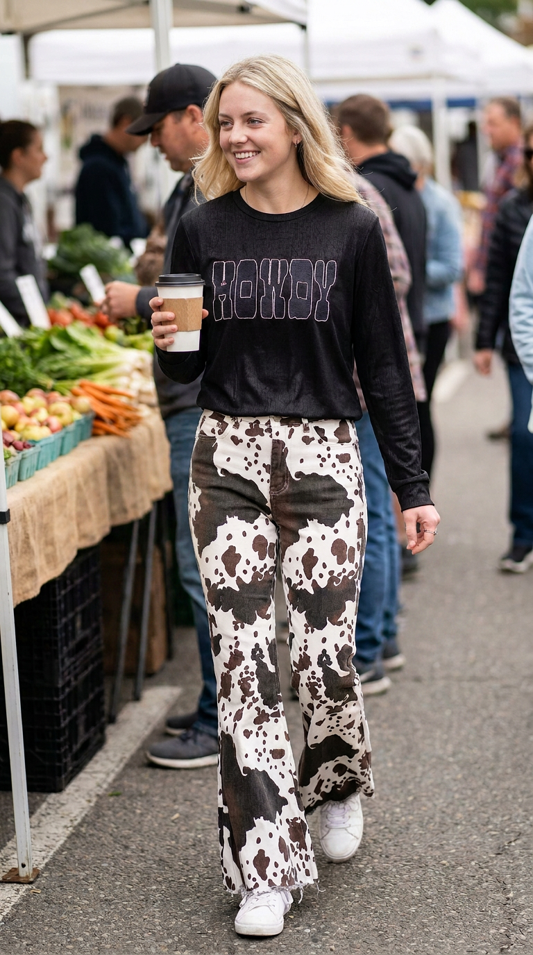 Cow Print Jeans Women | Western Bell Bottom Pants High Waisted Wide Leg Cowhide Pants